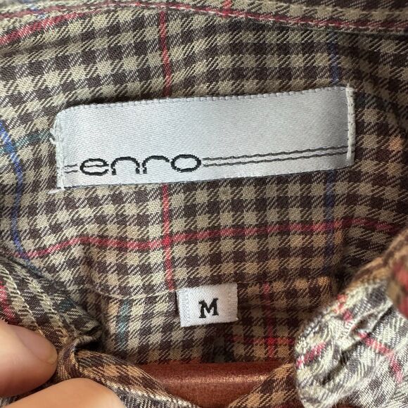 Enro Button Down Shirt Mens Medium Long Sleeve Plaid Brown Red Blue Pocket - Picture 6 of 8